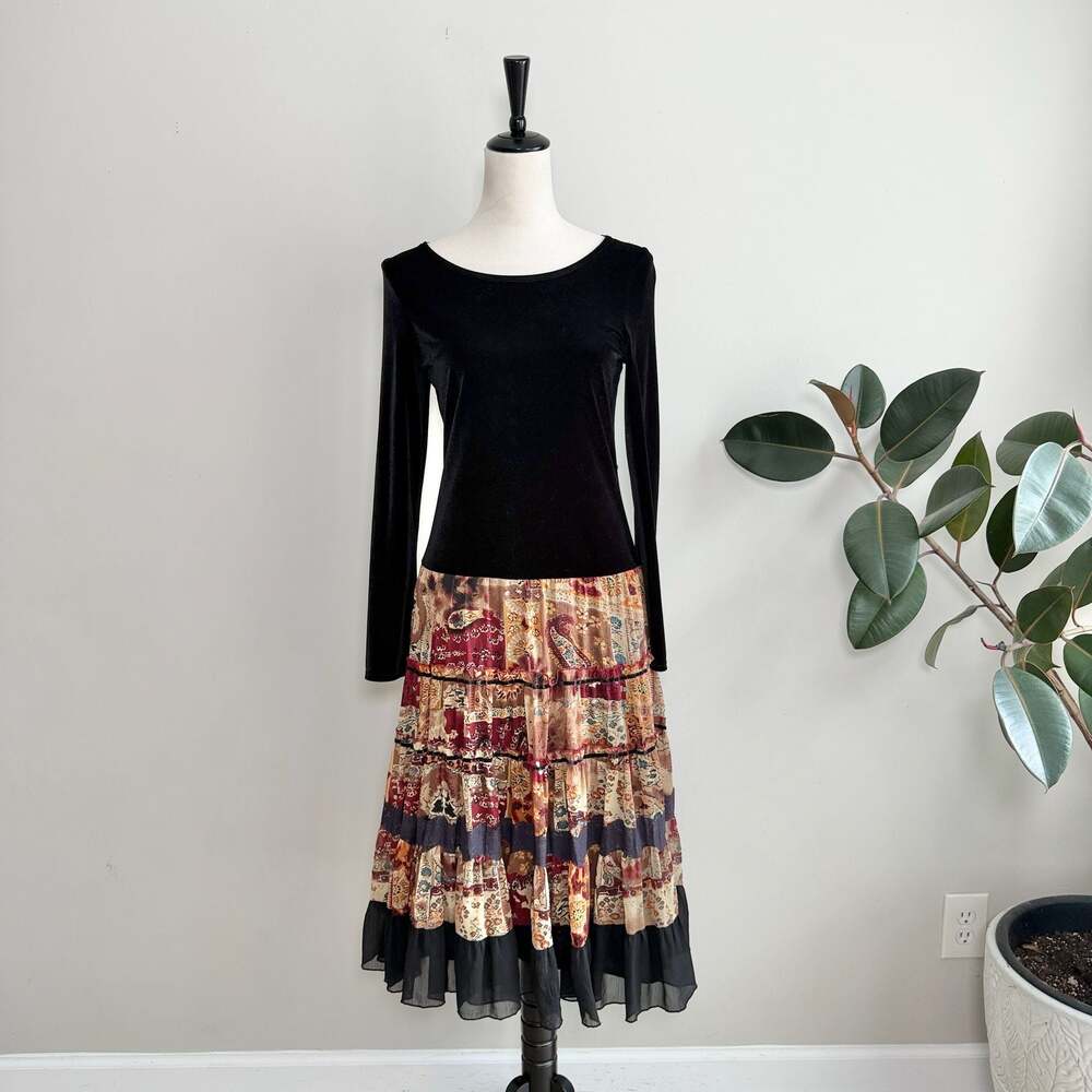 Bandolino Dress Black Velvet Bodice and Paisley Print Tiered Chiffon Midi Dress
